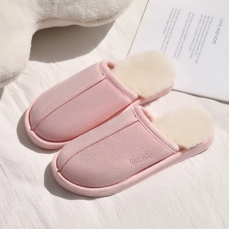 Pair of warm plush cotton slippers with TPR sole in beige on a tiled floor