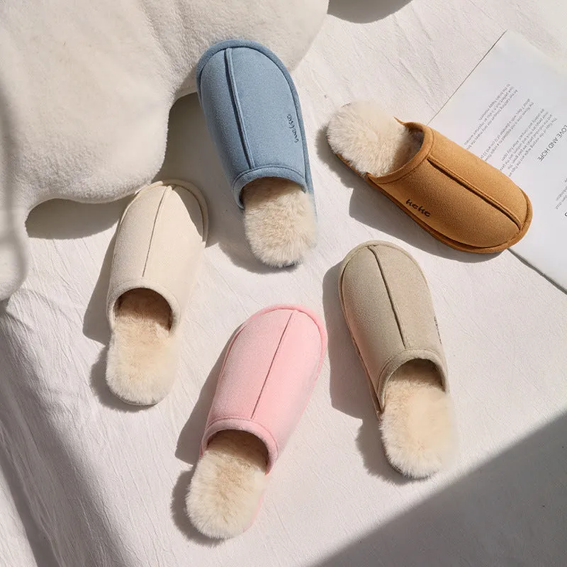 Pair of warm plush cotton slippers with TPR sole in beige on a tiled floor