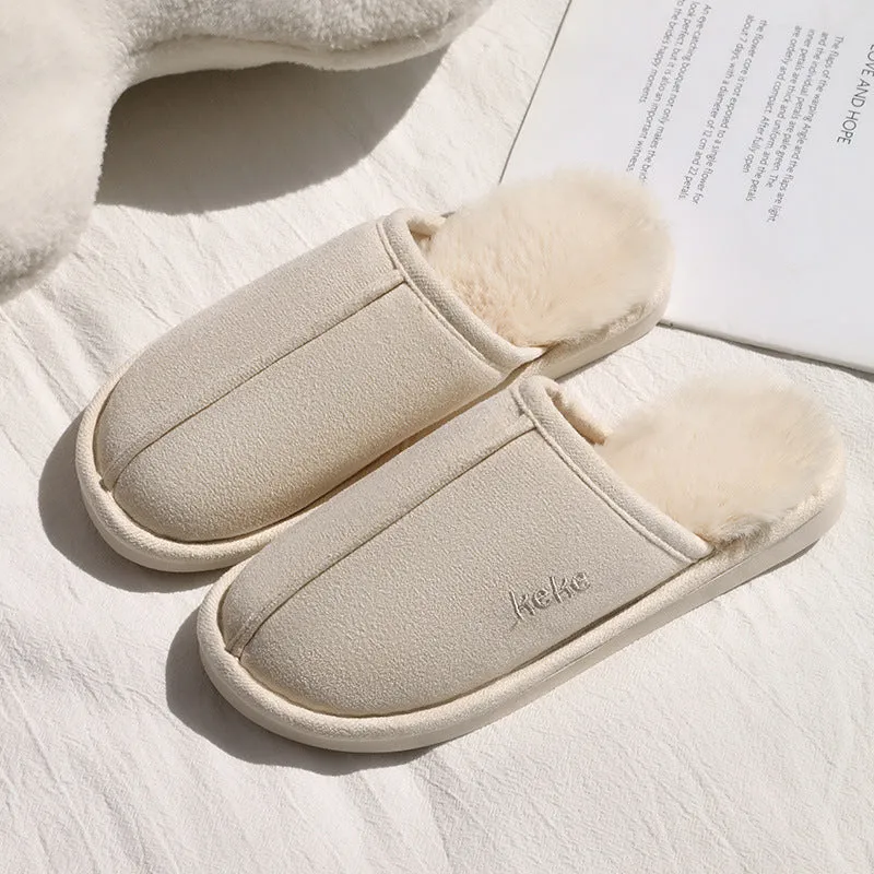 Pair of warm plush cotton slippers with TPR sole in beige on a tiled floor