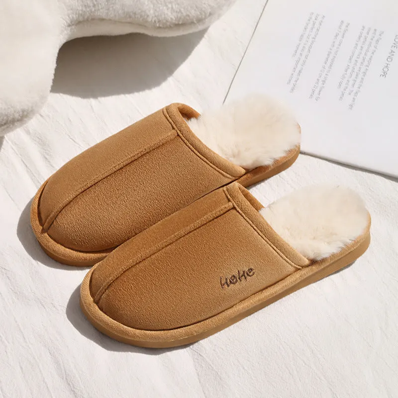 Pair of warm plush cotton slippers with TPR sole in beige on a tiled floor