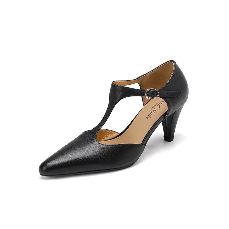 Brown retro women's T-strap sandals with a round toe, buckle closure, and a short stout heel.