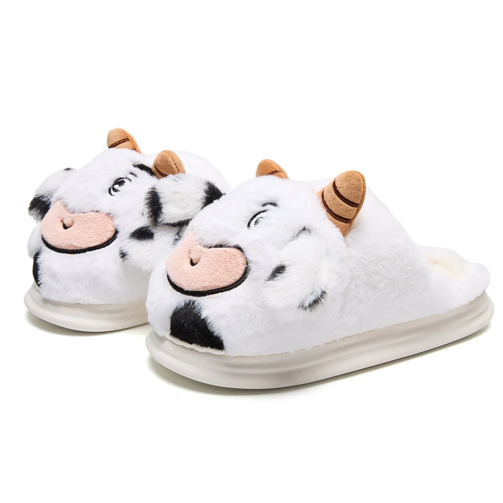 White indoor platform warm cartoon cow fluffy slippers with plush upper and flat PVC sole
