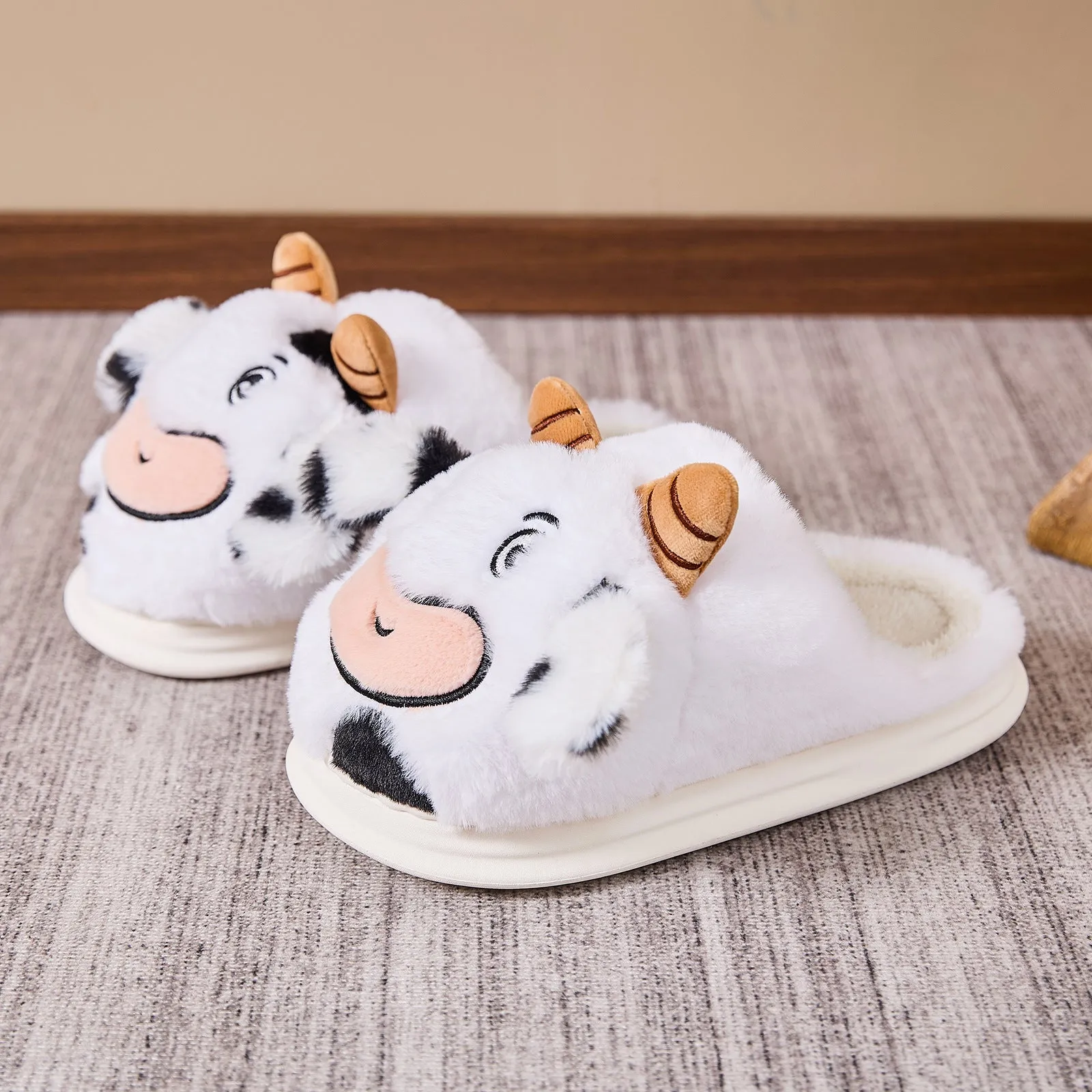 White indoor platform warm cartoon cow fluffy slippers with plush upper and flat PVC sole