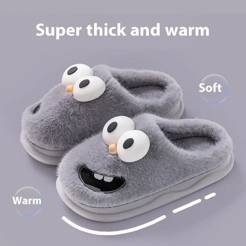 Female warm indoor cartoon big eye dog cotton slippers with suede upper, grey colour, size 38/39