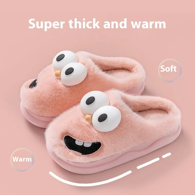 Female warm indoor cartoon big eye dog cotton slippers with suede upper, grey colour, size 38/39