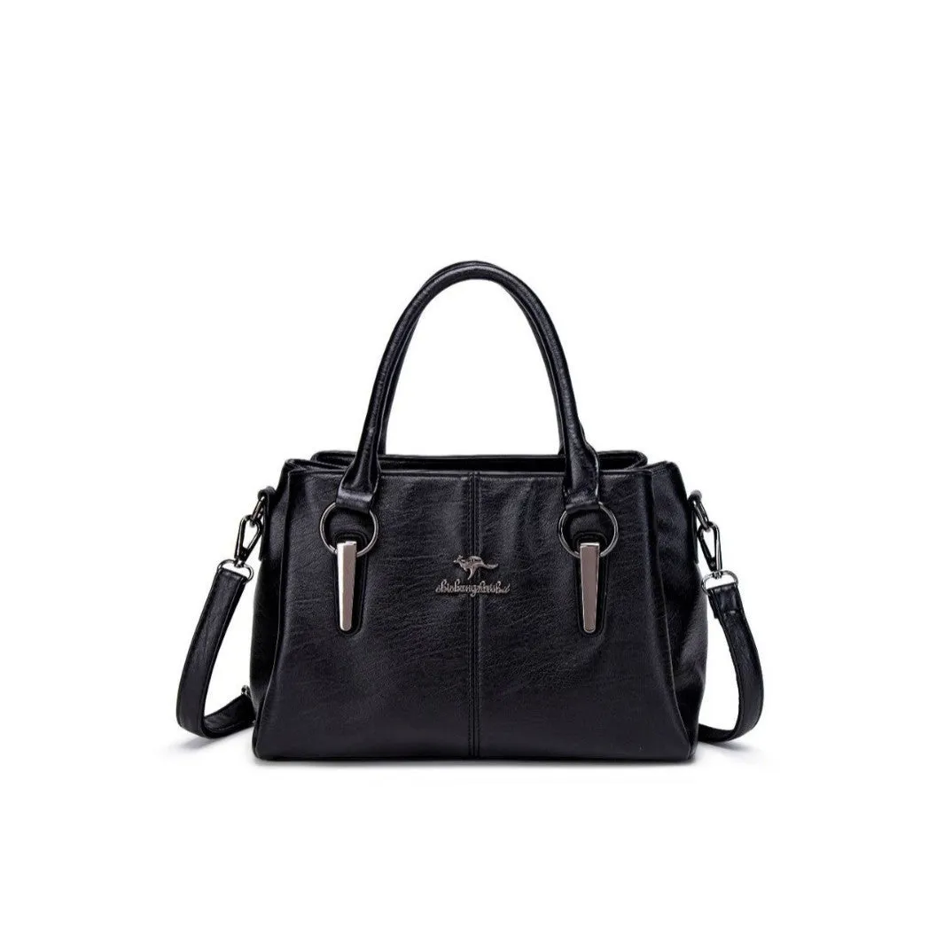 Women's large capacity crossbody soft leather bag in PU material, horizontal square shape, with sandwich zipper pocket, available in multiple colours