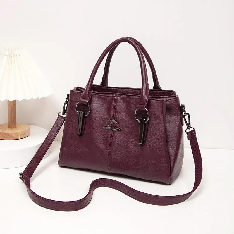 Women's large capacity crossbody soft leather bag in PU material, horizontal square shape, with sandwich zipper pocket, available in multiple colours