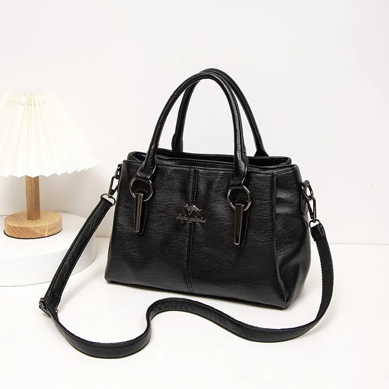 Women's large capacity crossbody soft leather bag in PU material, horizontal square shape, with sandwich zipper pocket, available in multiple colours