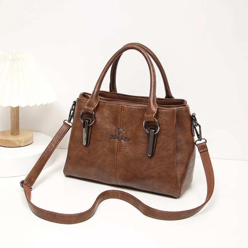 Women's large capacity crossbody soft leather bag in PU material, horizontal square shape, with sandwich zipper pocket, available in multiple colours