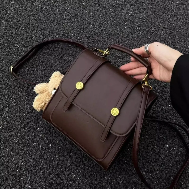 Japanese Korean uniform backpack for women, large capacity, double-shoulder strap, brown or black, with sewing thread detail
