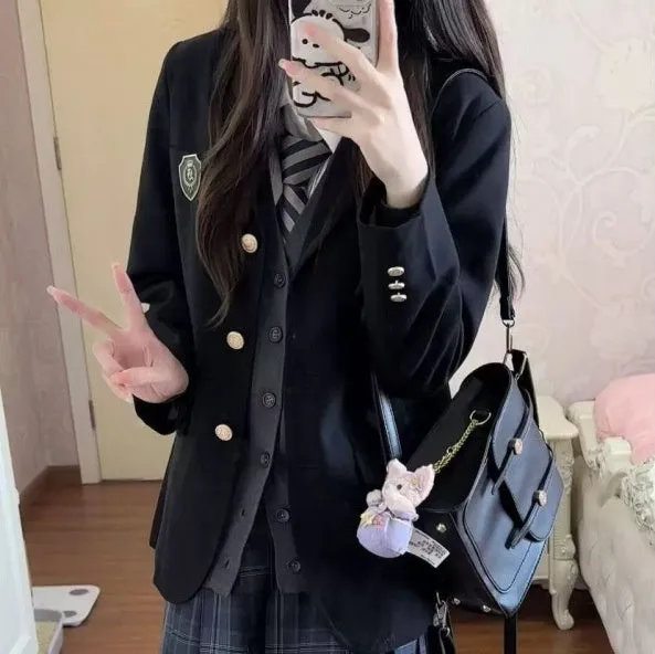 Japanese Korean uniform backpack for women, large capacity, double-shoulder strap, brown or black, with sewing thread detail