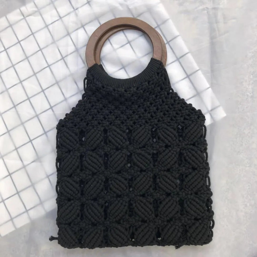 Handmade straw bag women woven wicker handbag Mori style solid colour with cotton lining and hard handle