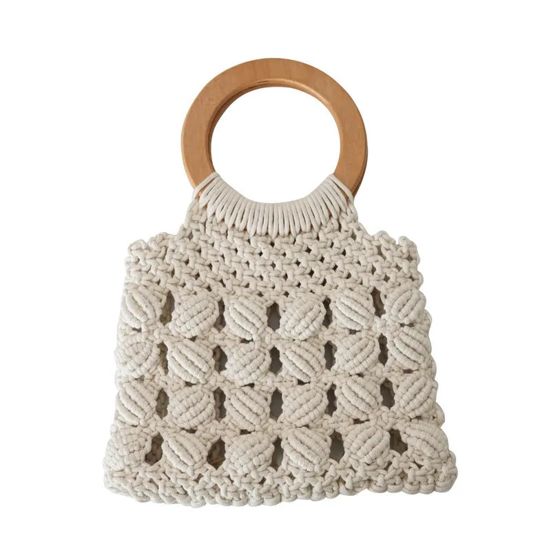 Handmade straw bag women woven wicker handbag Mori style solid colour with cotton lining and hard handle