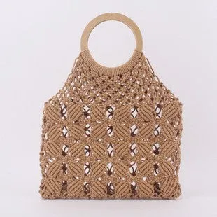 Handmade straw bag women woven wicker handbag Mori style solid colour with cotton lining and hard handle