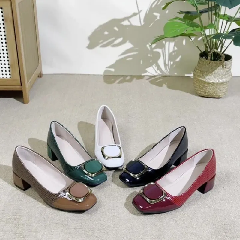 European-style square toe chunky heel slip-on shoes for women in solid colours with buckle detail