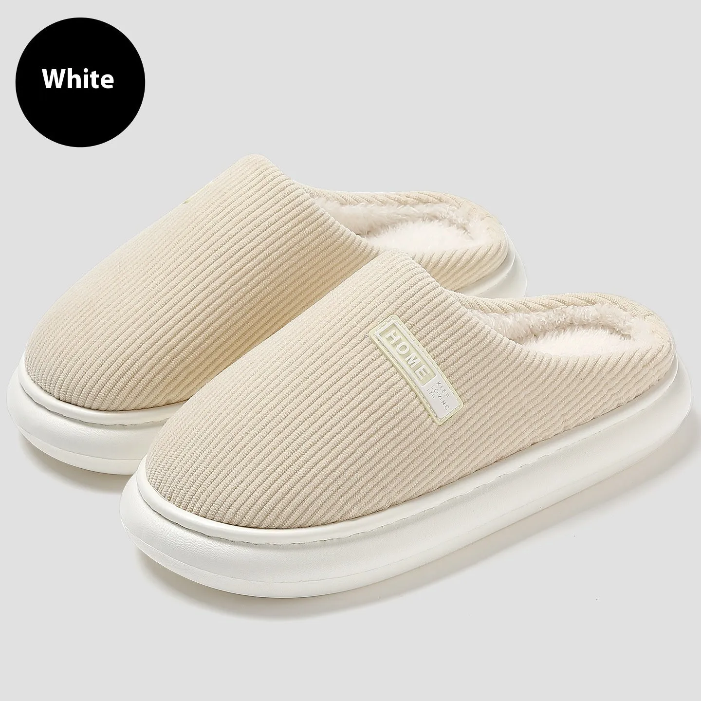 Plush non-slip cotton slippers with striped pattern and EVA sole in gray, green, pink, dark blue, and white