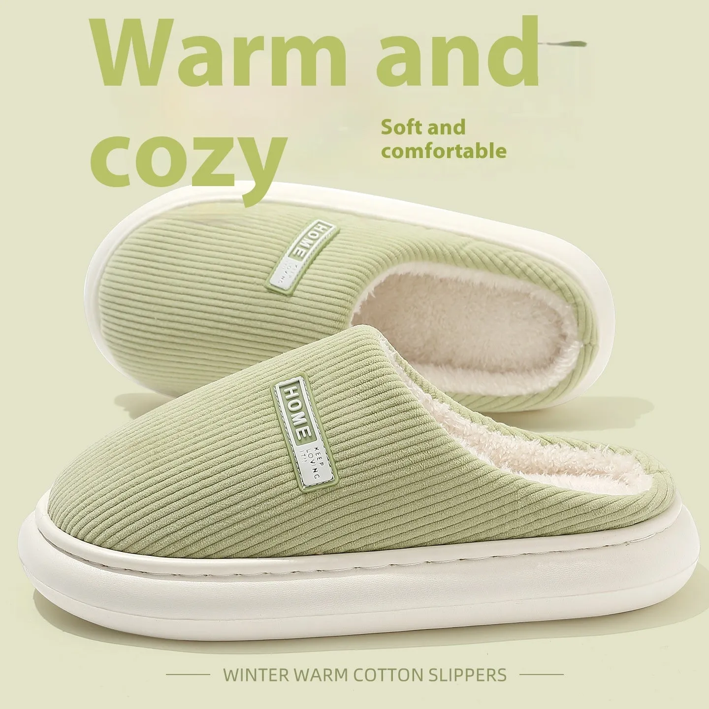 Plush non-slip cotton slippers with striped pattern and EVA sole in gray, green, pink, dark blue, and white