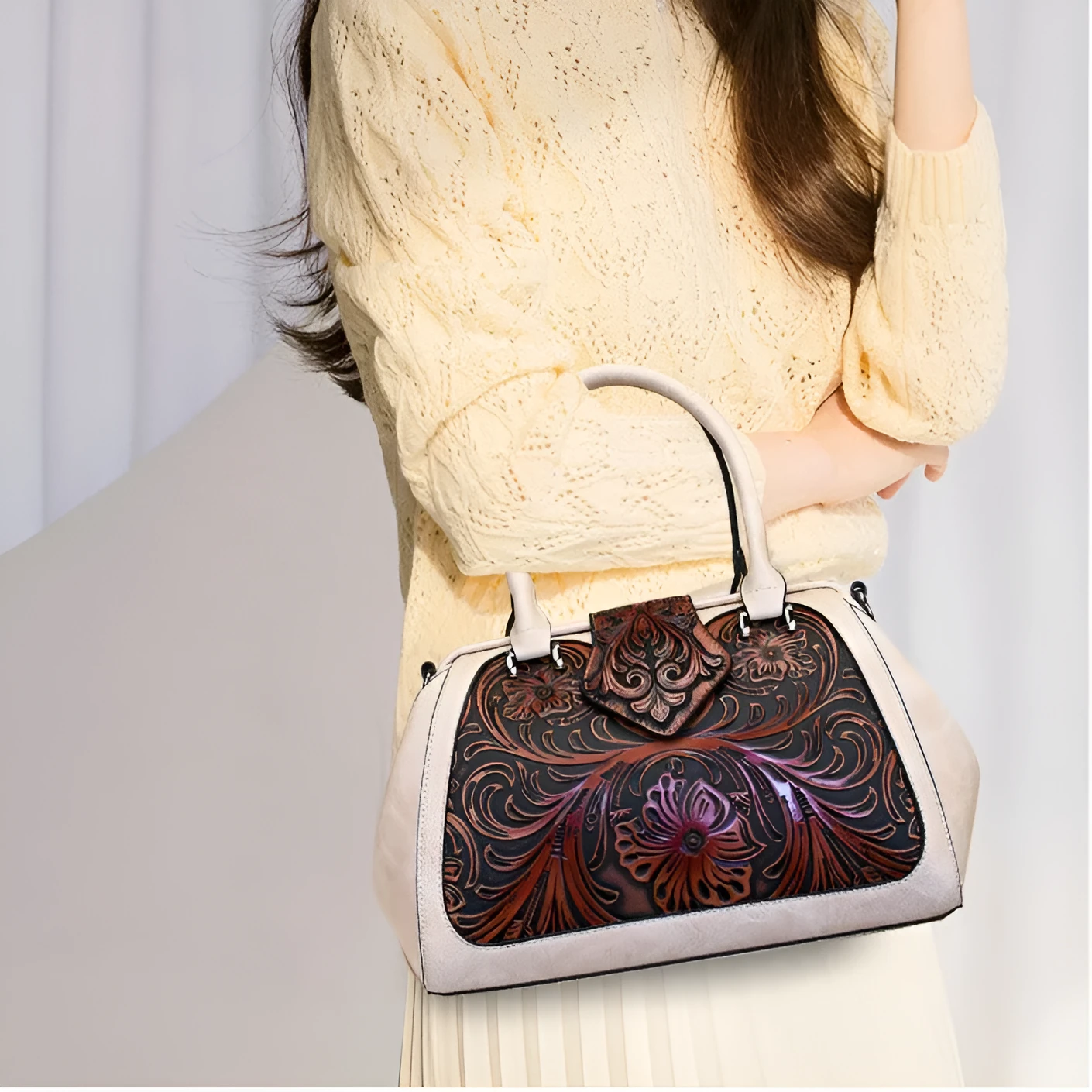 Handmade carved one-shoulder PU women's bag in beige with pillow shape and sandwich pocket