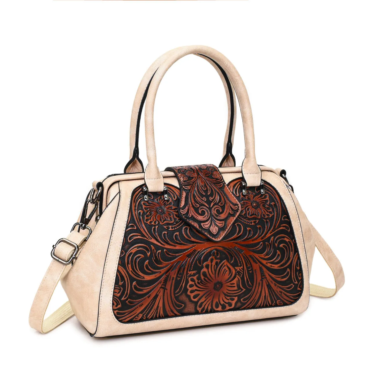 Handmade carved one-shoulder PU women's bag in beige with pillow shape and sandwich pocket