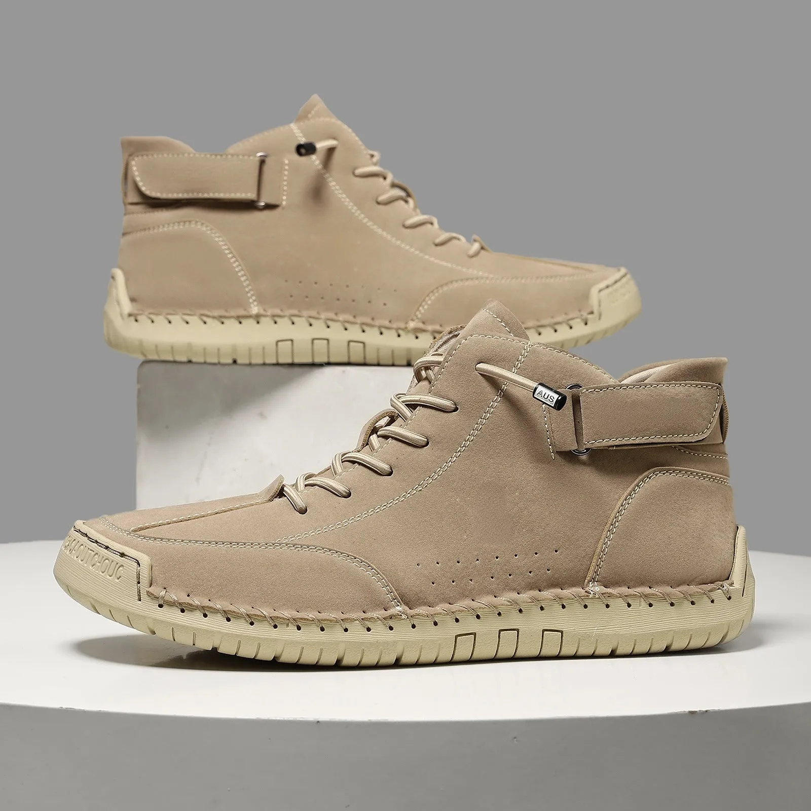 Handmade stitching Martin boots high top with microfiber upper and rubber sole in khaki