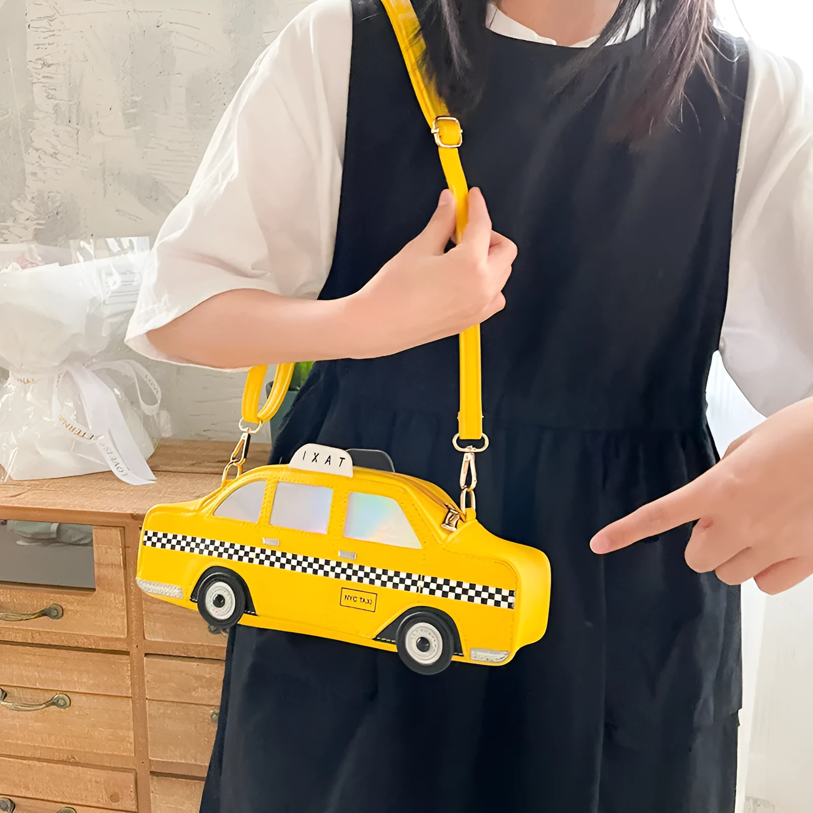 Yellow PU messenger bag with letter print horizontal square shape shoulder bag for women
