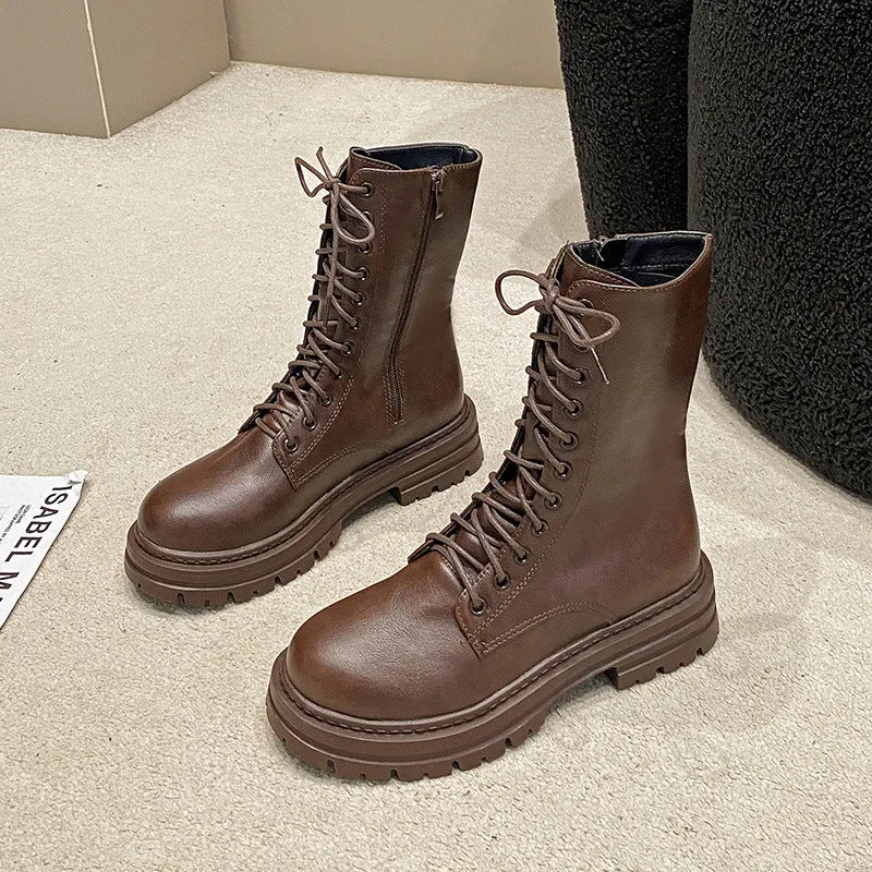 Women's mid-calf Martin boots with lace-up and side zipper, thick rubber sole, round toe, in black cowhide leather