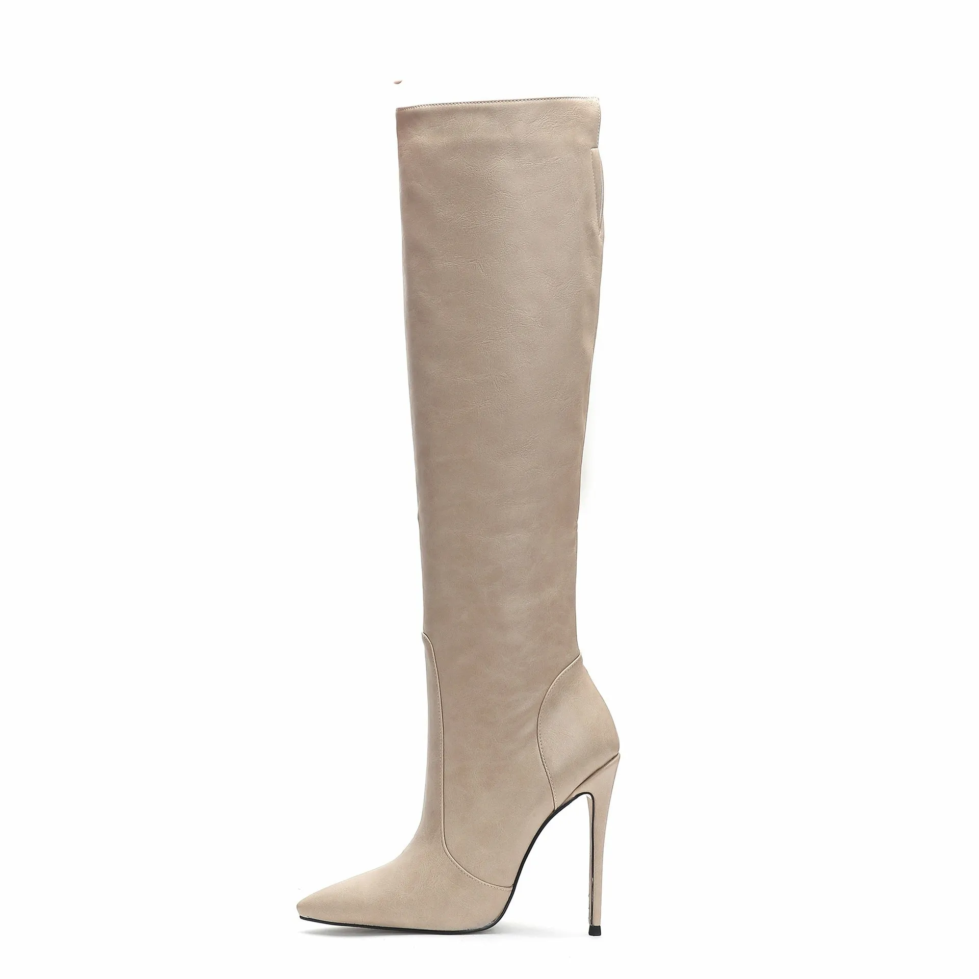 Women's stiletto heel fashion boots in dark gray, super high heel above 8cm, pointed toe, mid-calf shaft, artificial PU upper