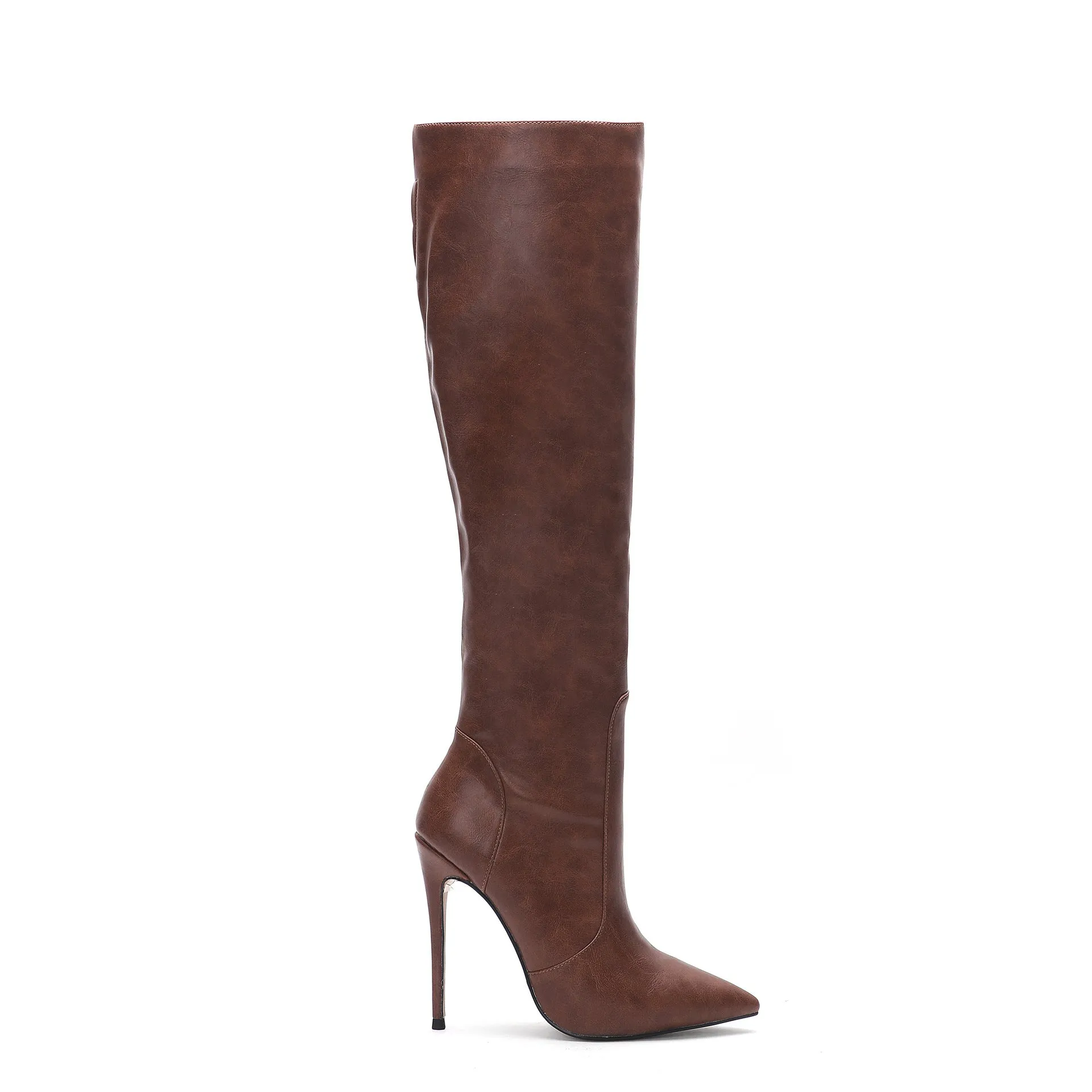 Women's stiletto heel fashion boots in dark gray, super high heel above 8cm, pointed toe, mid-calf shaft, artificial PU upper