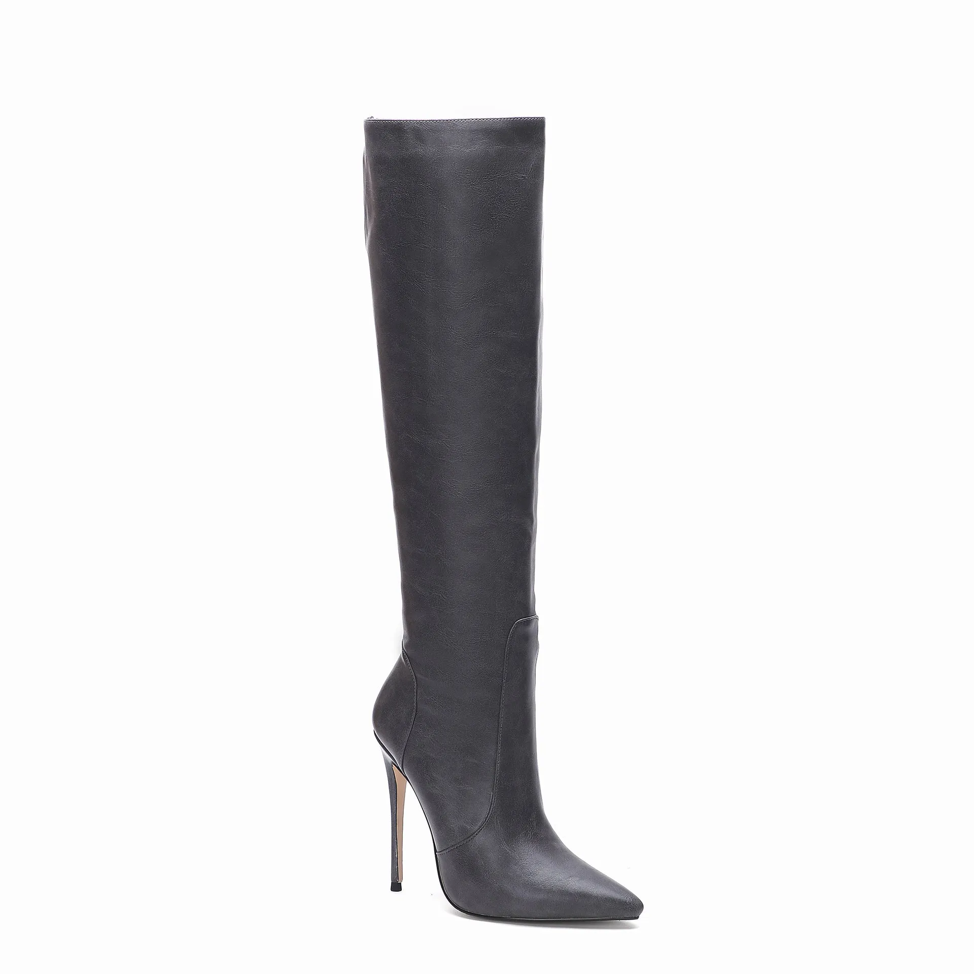 Women's stiletto heel fashion boots in dark gray, super high heel above 8cm, pointed toe, mid-calf shaft, artificial PU upper