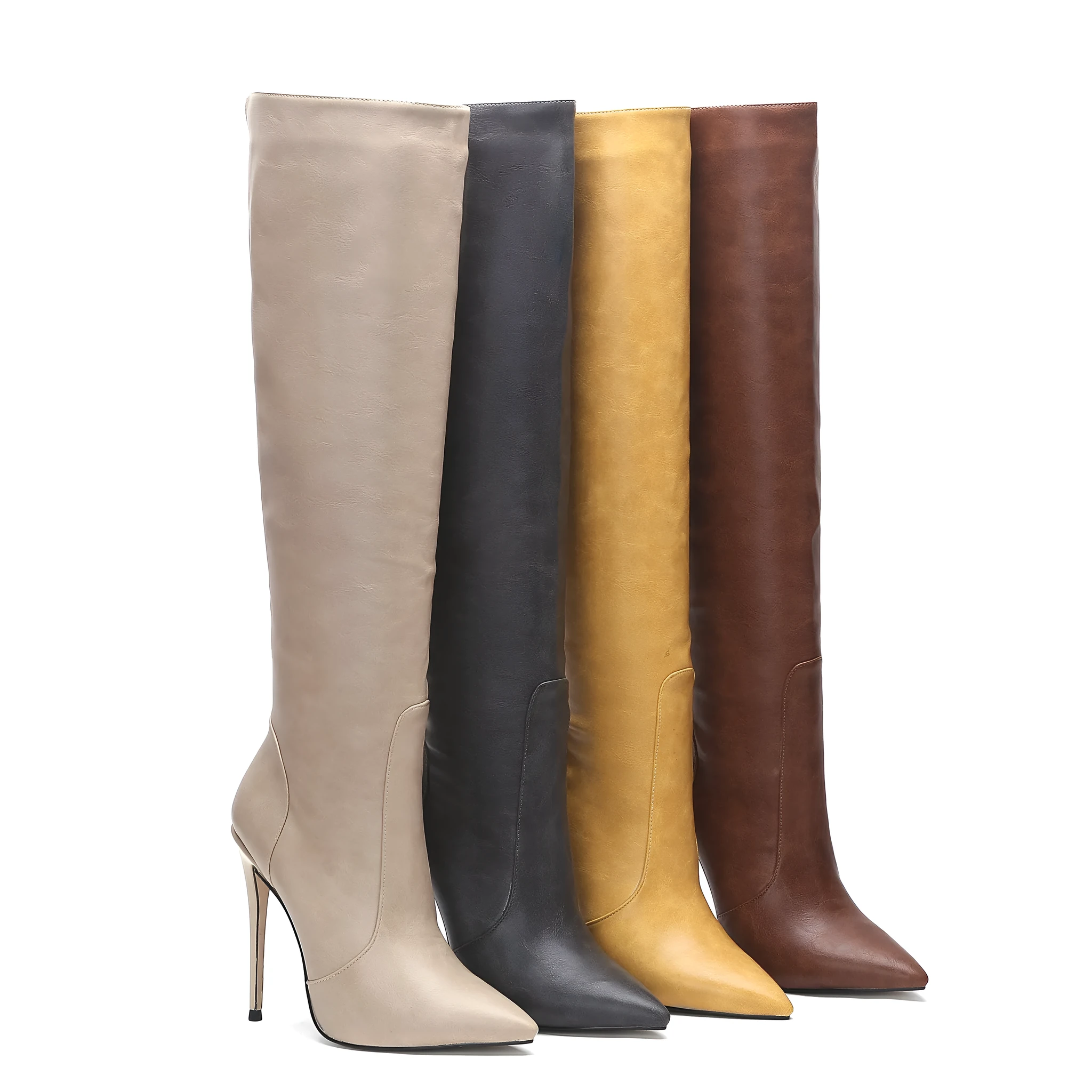Women's stiletto heel fashion boots in dark gray, super high heel above 8cm, pointed toe, mid-calf shaft, artificial PU upper