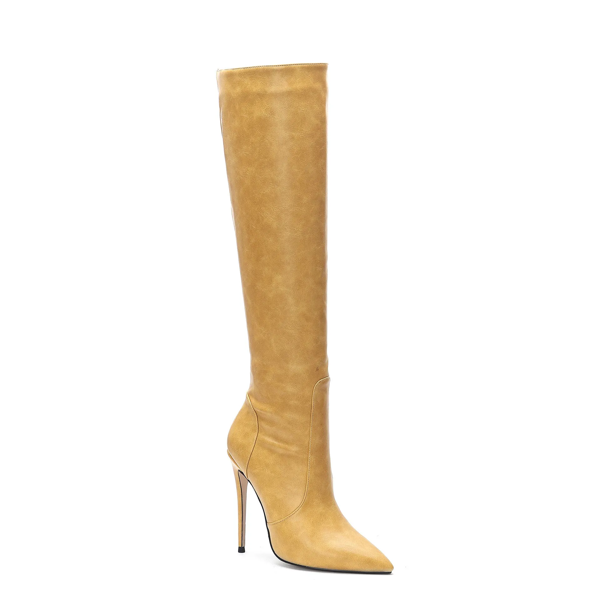 Women's stiletto heel fashion boots in dark gray, super high heel above 8cm, pointed toe, mid-calf shaft, artificial PU upper