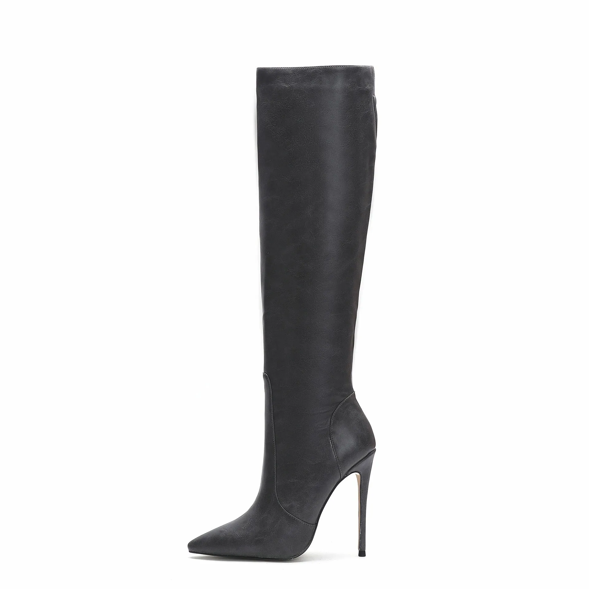 Women's stiletto heel fashion boots in dark gray, super high heel above 8cm, pointed toe, mid-calf shaft, artificial PU upper