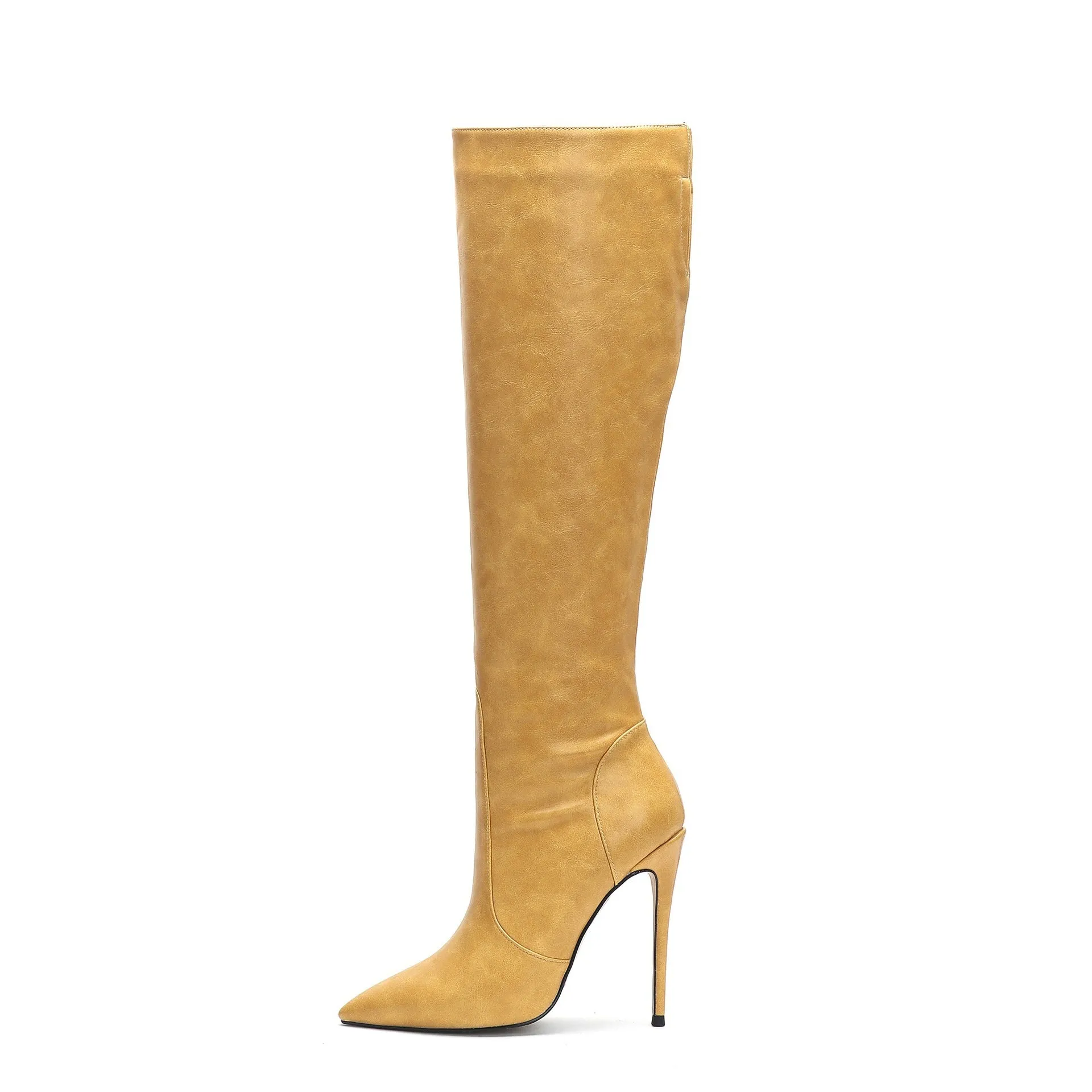 Women's stiletto heel fashion boots in dark gray, super high heel above 8cm, pointed toe, mid-calf shaft, artificial PU upper
