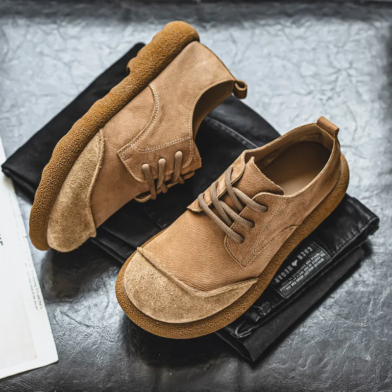 Men's casual lace up leather shoes in brown, matte finish, round toe, flat heel, sewing thread details, size 38-44
