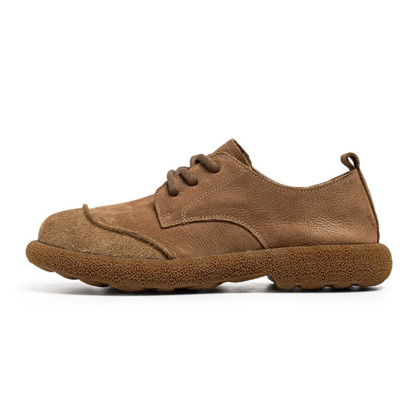 Men's casual lace up leather shoes in brown, matte finish, round toe, flat heel, sewing thread details, size 38-44