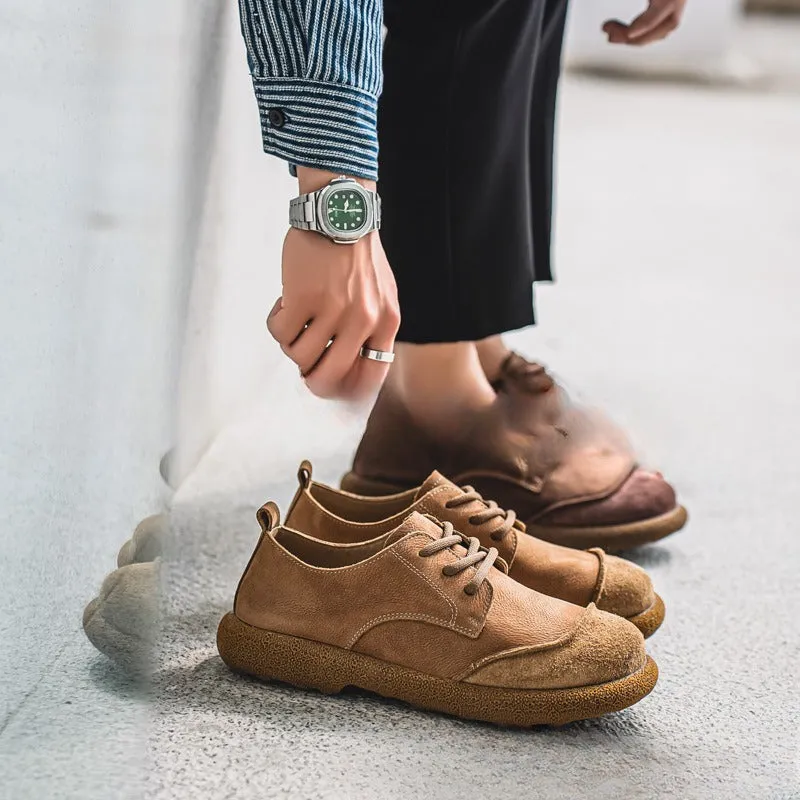 Men's casual lace up leather shoes in brown, matte finish, round toe, flat heel, sewing thread details, size 38-44