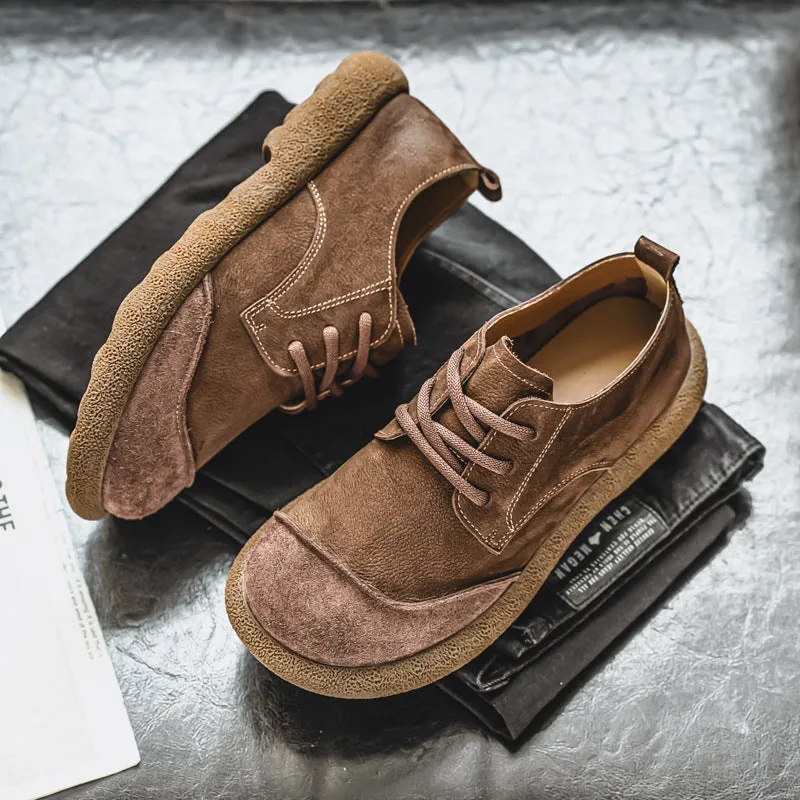 Men's casual lace up leather shoes in brown, matte finish, round toe, flat heel, sewing thread details, size 38-44