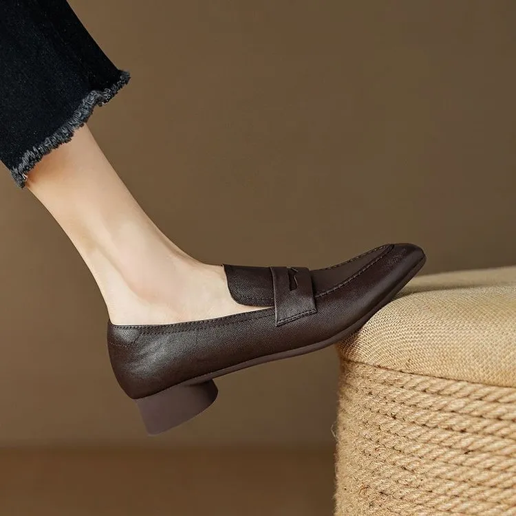 Women's retro pointed toe flat bottom slip-on loafers in black and brown with square toe and rubber sole