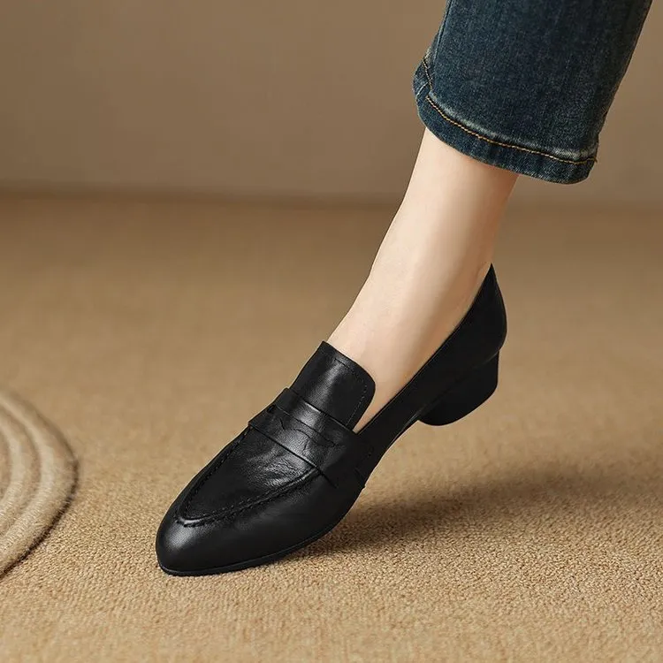 Women's retro pointed toe flat bottom slip-on loafers in black and brown with square toe and rubber sole