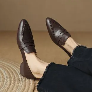 Women's retro pointed toe flat bottom slip-on loafers in black and brown with square toe and rubber sole
