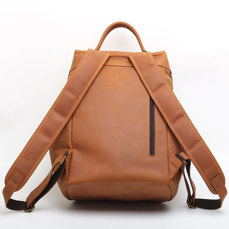 Classic retro backpack in brown Crazy Horse leather with exposed stitching and metal buckles