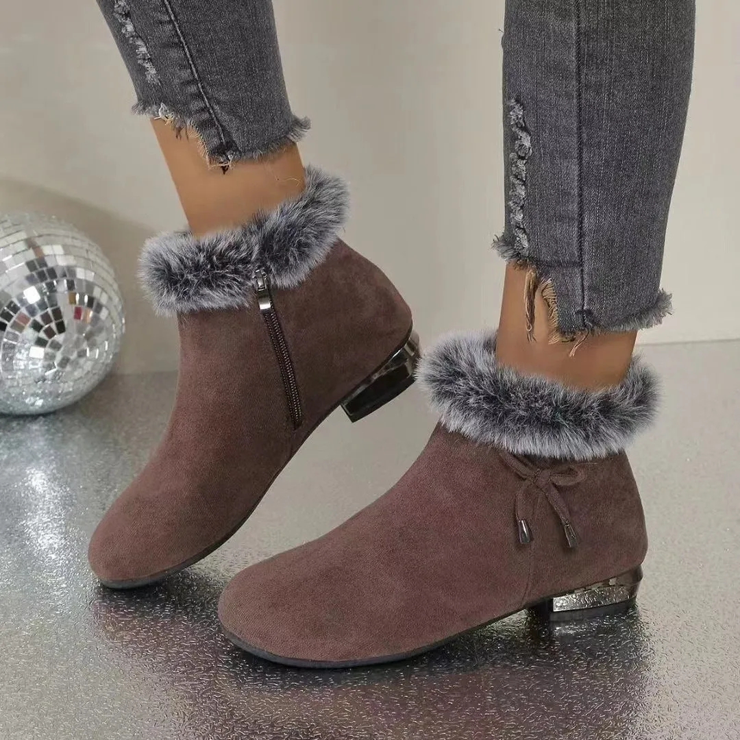 Women's fleece lined round toe short boots in black, side zipper, low heel, solid colour