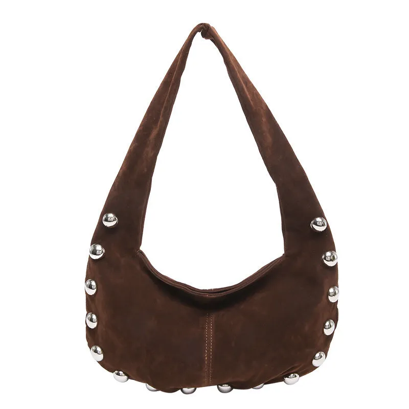 European and American style suede rivet underarm handbag in coffee colour with stitching and contrast detail