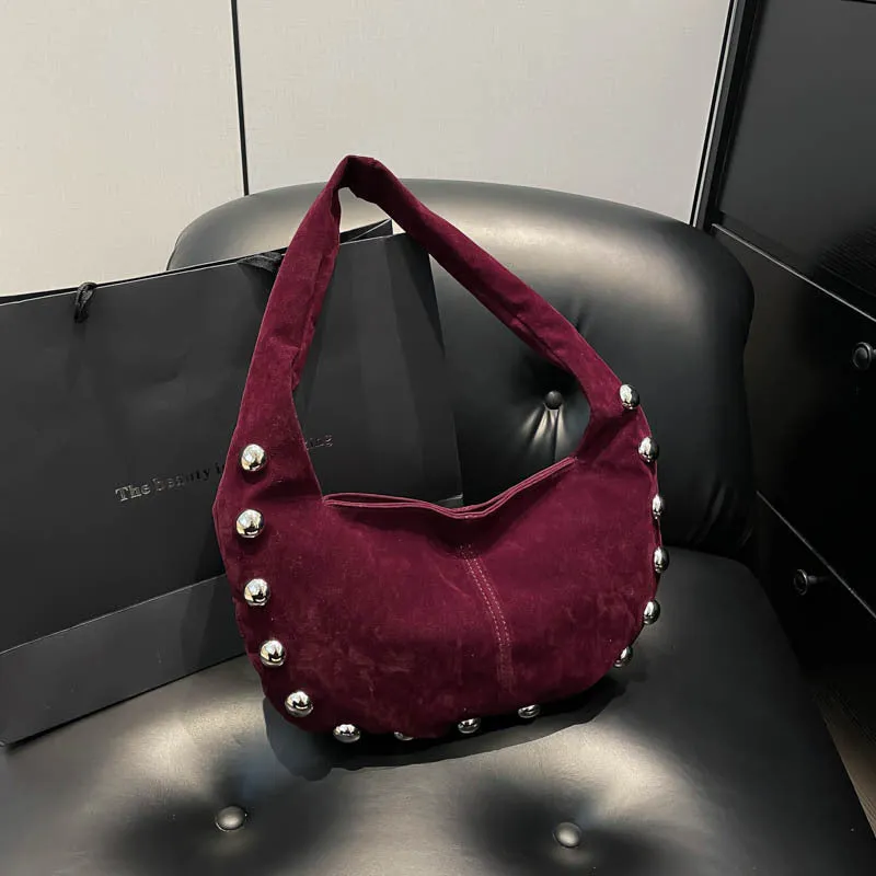 European and American style suede rivet underarm handbag in coffee colour with stitching and contrast detail