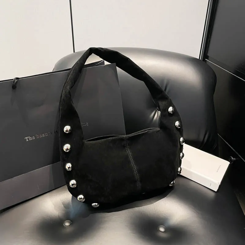 European and American style suede rivet underarm handbag in coffee colour with stitching and contrast detail