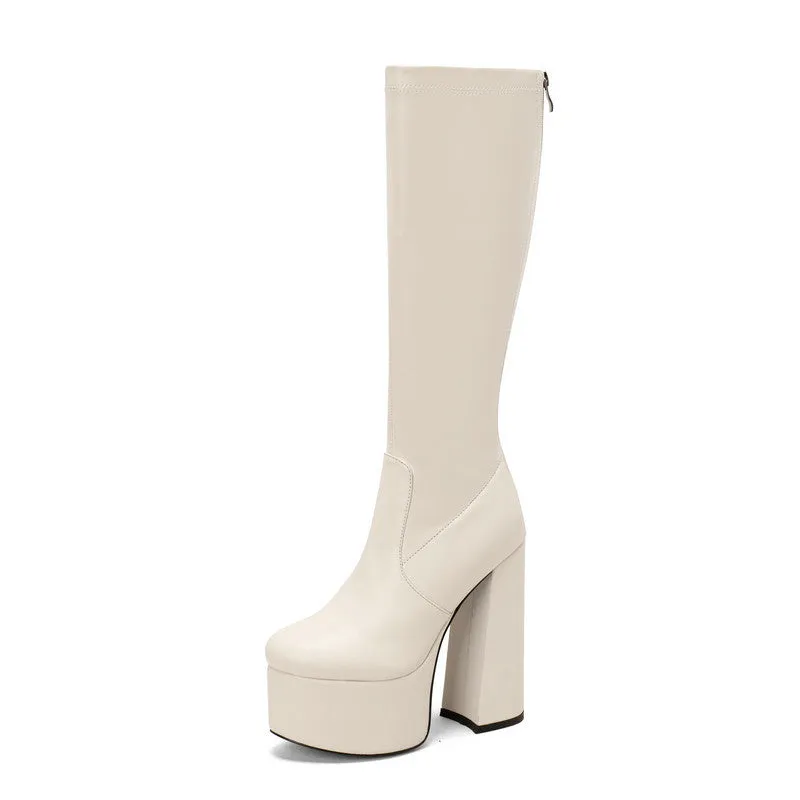 European American stretch boots waterproof platform high heel 8cm black colour knee-high rubber sole