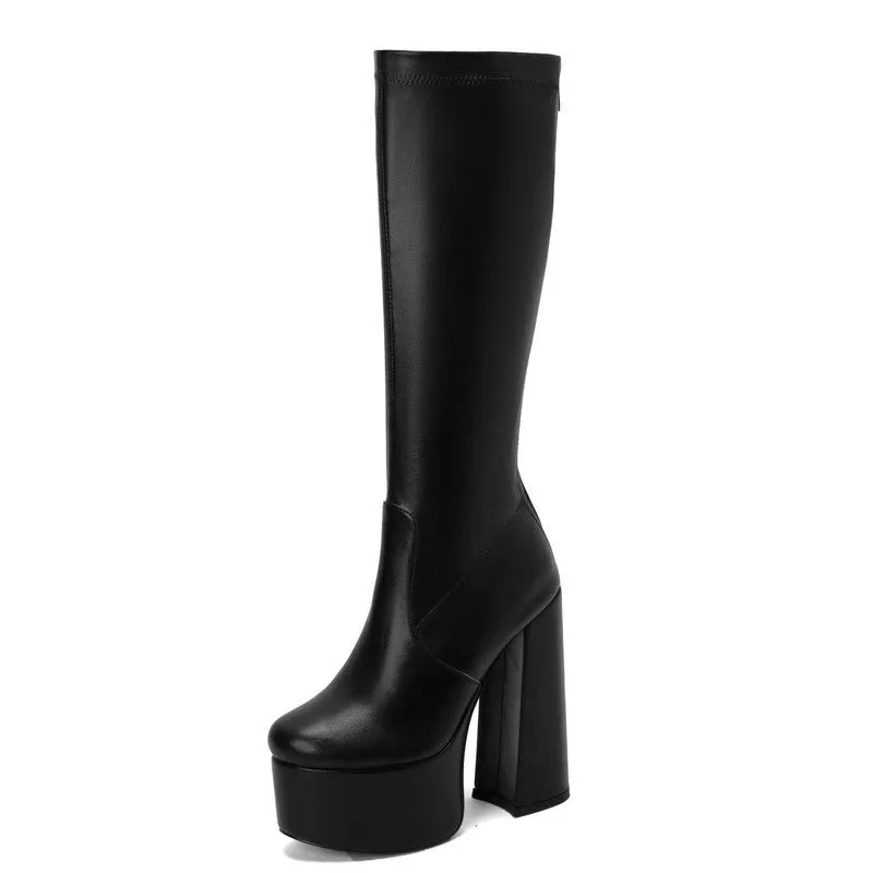 European American stretch boots waterproof platform high heel 8cm black colour knee-high rubber sole