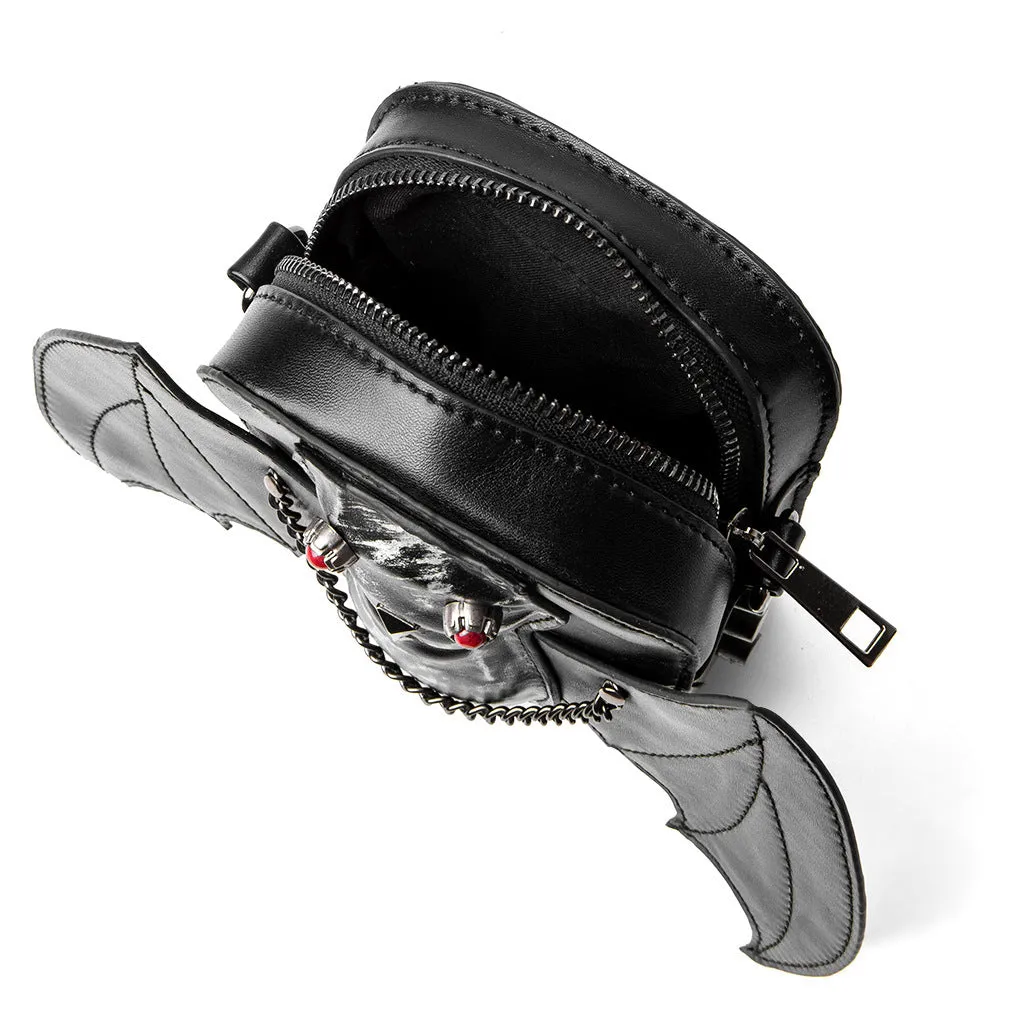 Dark style women's shoulder messenger bag with creative bat design in PU material, square vertical shape, single strap