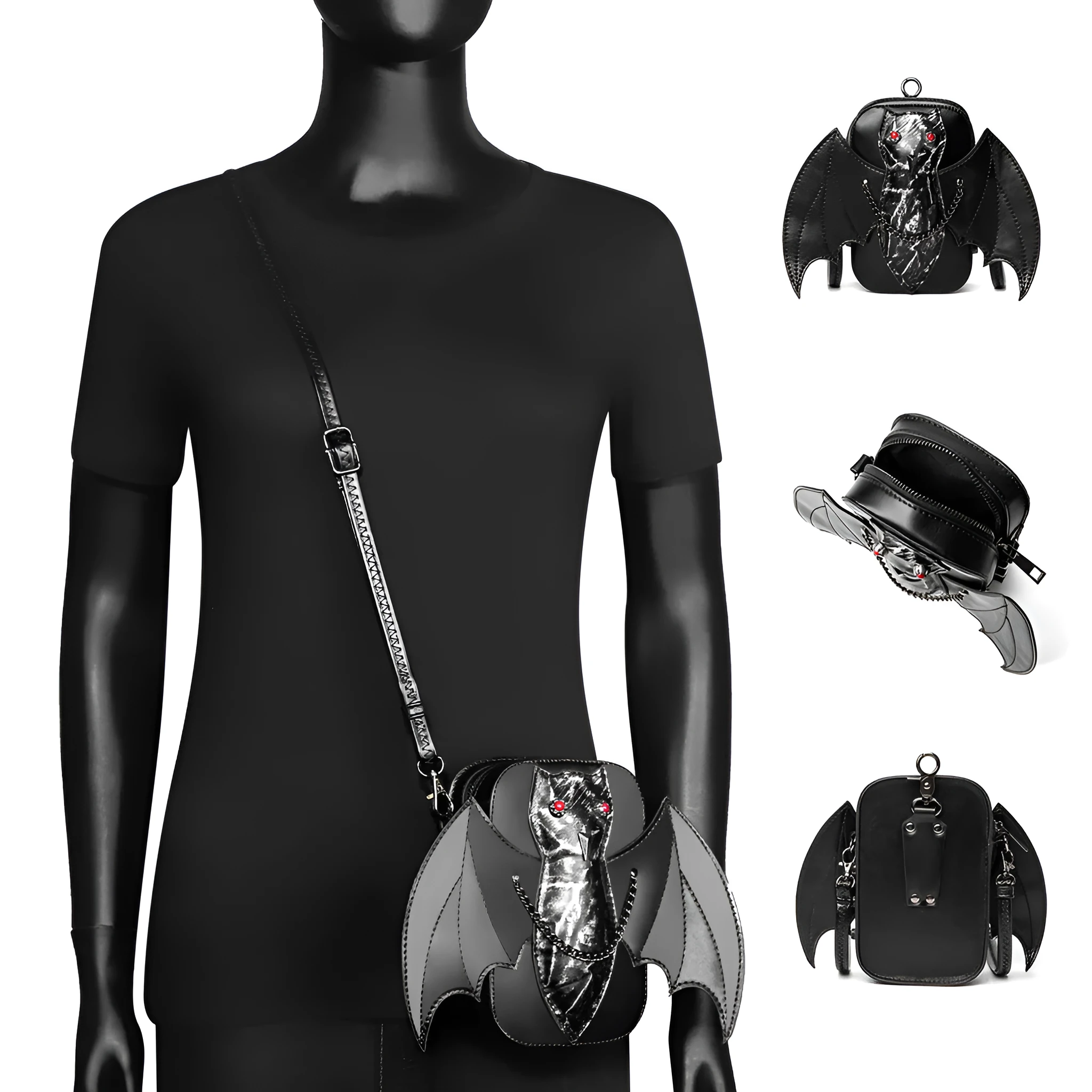 Dark style women's shoulder messenger bag with creative bat design in PU material, square vertical shape, single strap