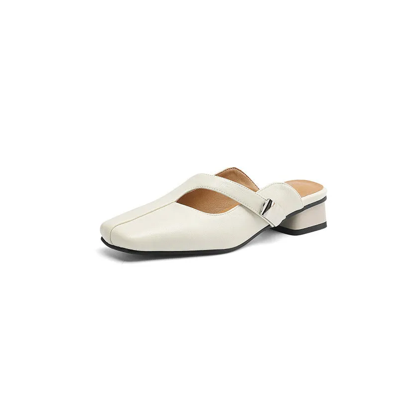 Square head low heel leisure slipper in artificial PU, shown in black, beige, and silver colour options.